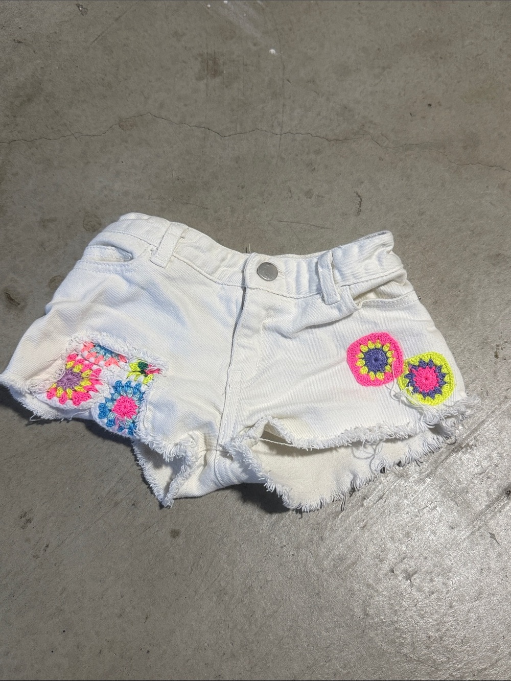 Flowers by Zoe White Denim Shorts with Colorful Crochet Flowers